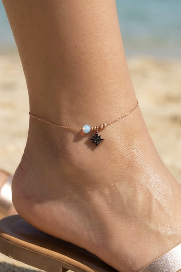 Onix Taşlı Kutup Yıldızı Motif ile Opal Toplu Gümüş Halhal