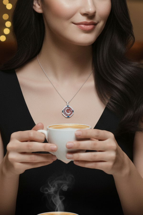 Safir Taşlı Ay Yıldız Motif Gümüş Kolye