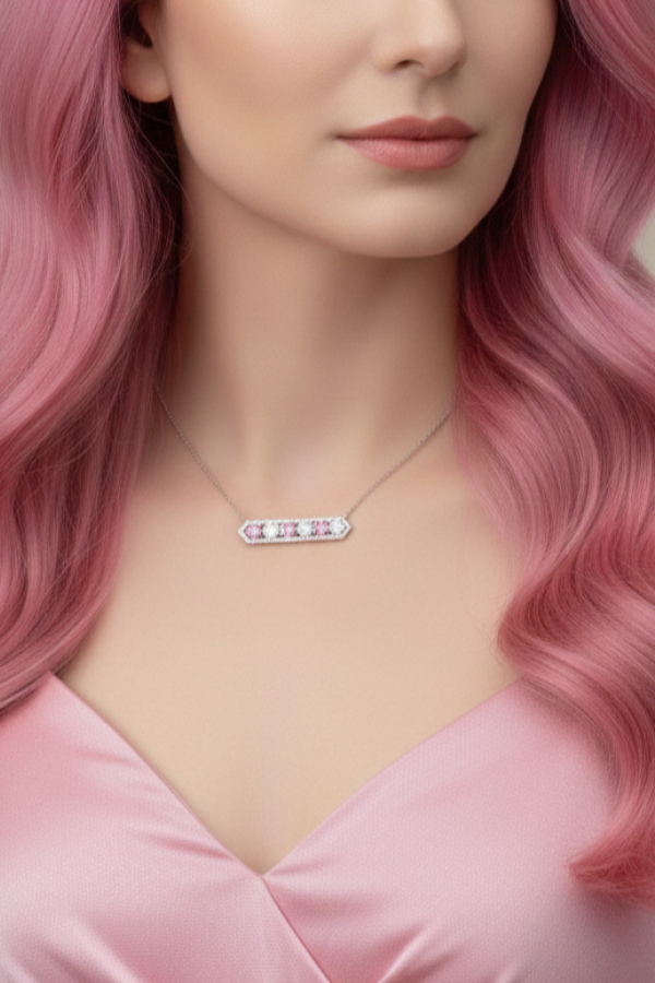 Pembe Safir ve Mozanite Taşlı Gümüş Kolye