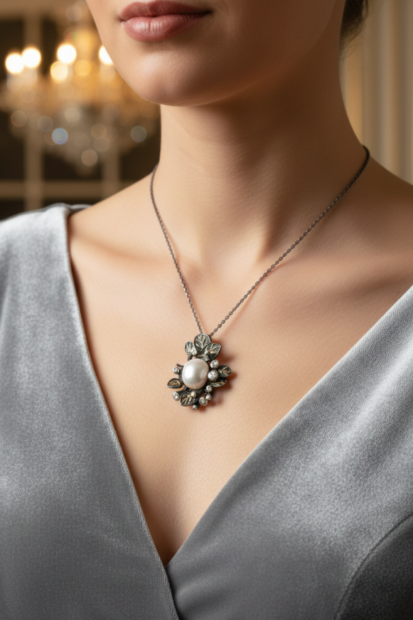 İnci Taşlı İri Motif Gümüş Kolye