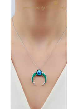 Ters Ay Motif Mineli Gümüş Kolye 