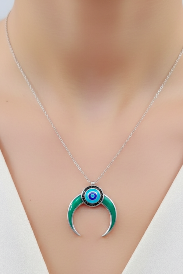 Ters Ay Motif Mineli Gümüş Kolye 