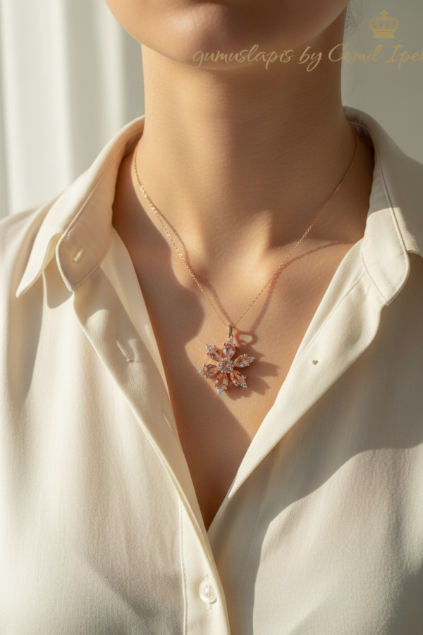 Renk Değiştiren Taşlı Kar Tanesi Motif Gümüş Kolye Ucu