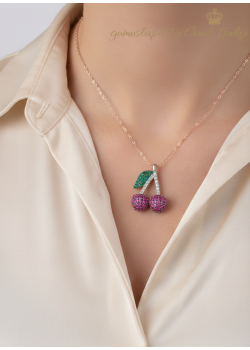 Yakut ve Zümrüt Taşlı Kiraz Motif Gümüş Kolye 