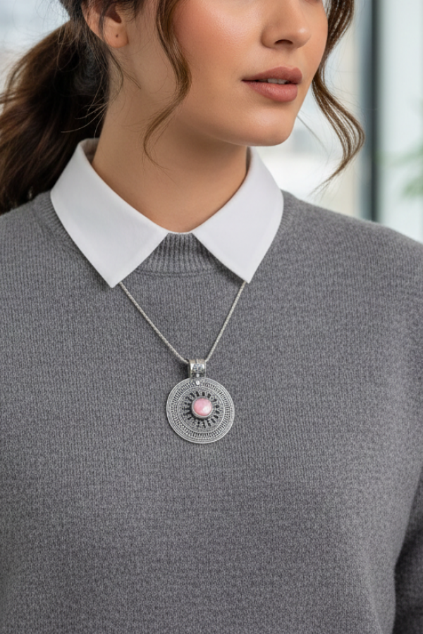 Yakut Taşlı Yuvarlak Motif Gümüş Kolye Ucu 