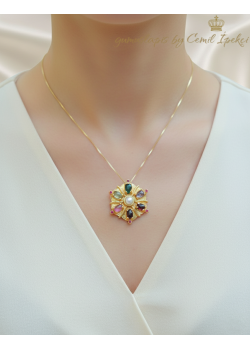 Turmalin ve İncili Çiçek Motif Gümüş Kolye 