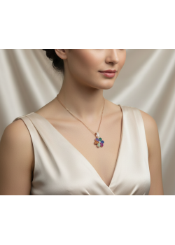 Renkli Taşlarla Süslü Çiçek Motif Gümüş Kolye