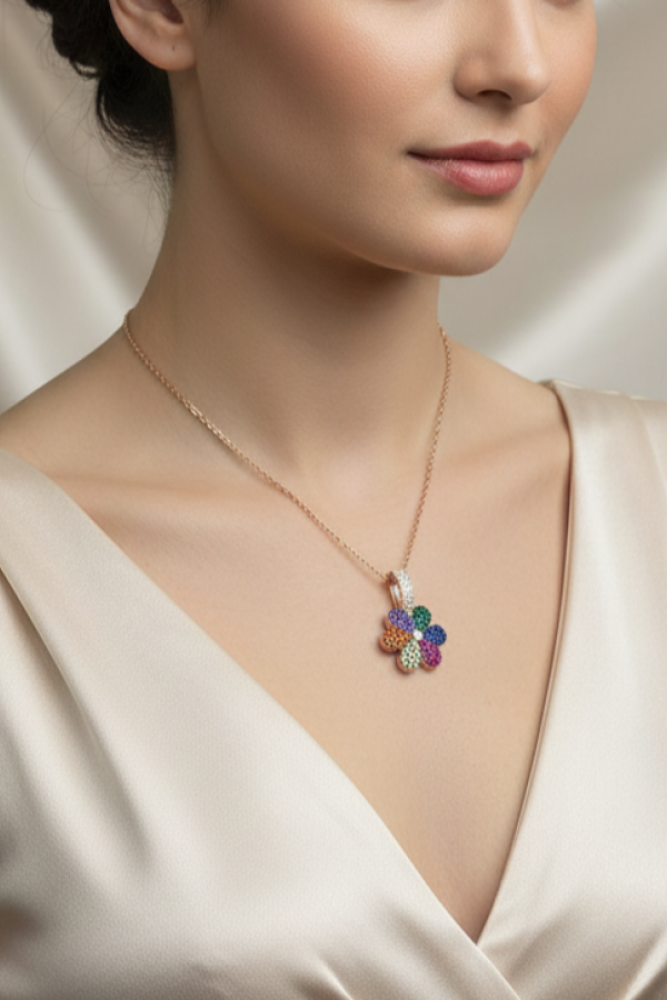 Renkli Taşlarla Süslü Çiçek Motif Gümüş Kolye