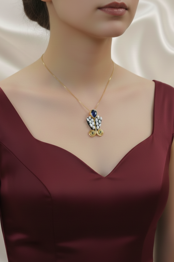 Safir ve İnci Taşlı Gümüş Kolye