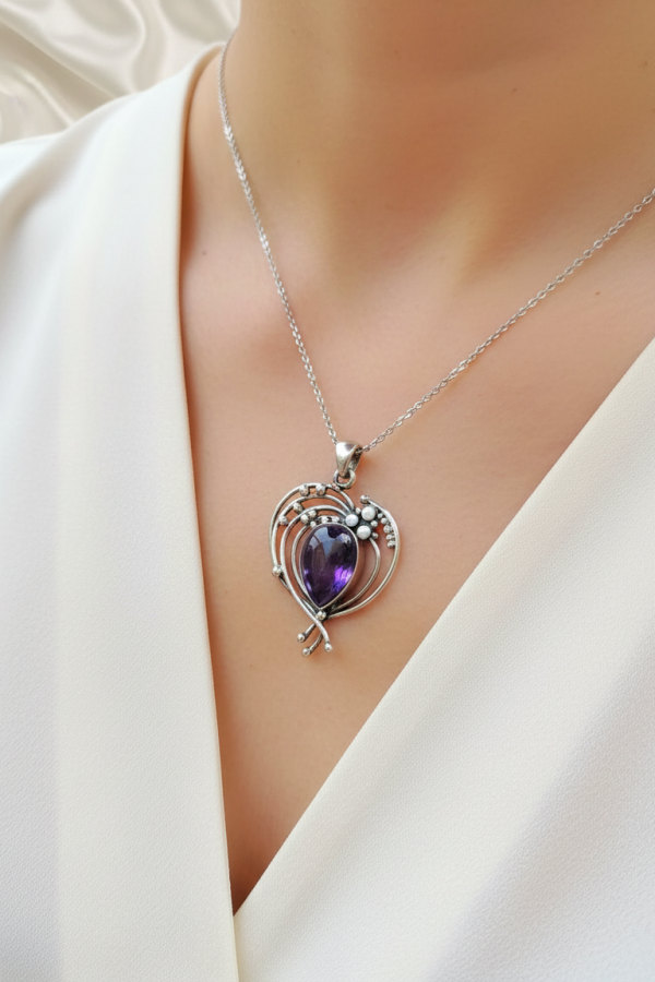 Ametist ve İnci Taşlı Gümüş Kolye Ucu