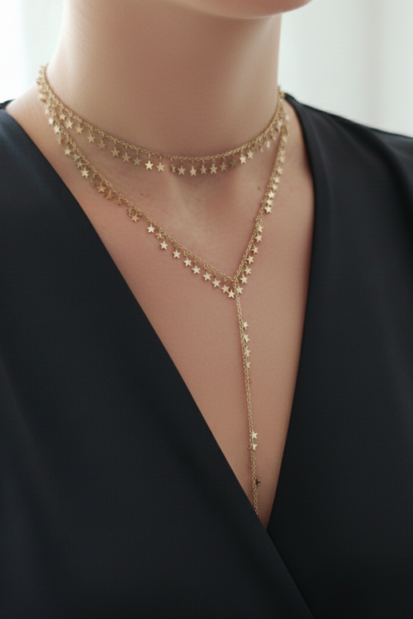 Kendinden İkili Yıldız Motif Y Kolye