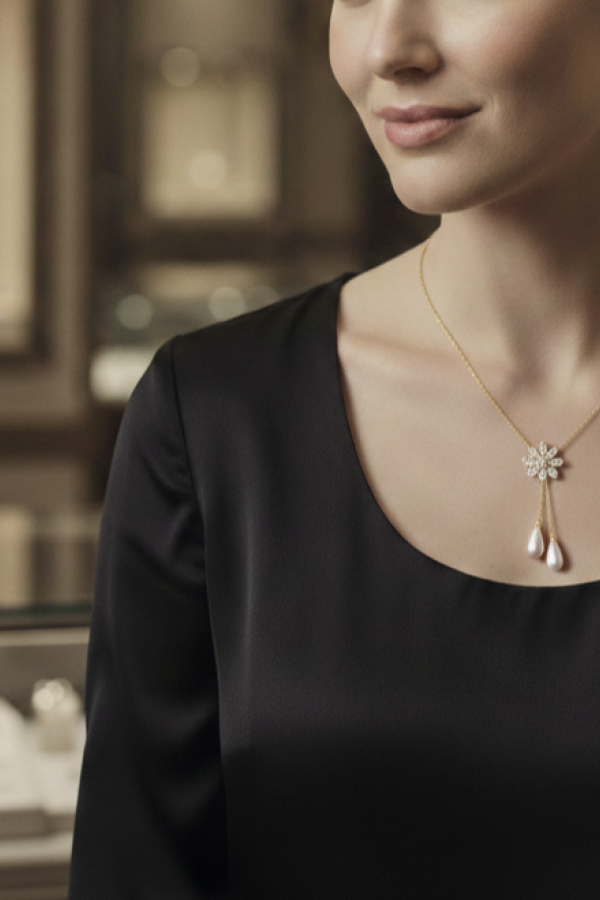 Sallantılı İki İnci Taşlı Çiçek Motif Gümüş Kolye