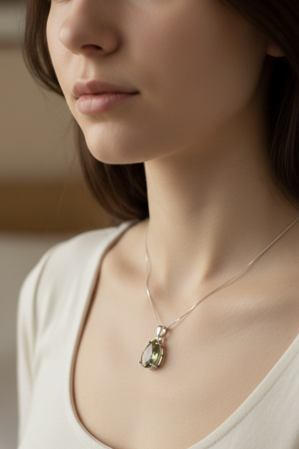 Renk Değiştiren Taşlı Damla Motif Gümüş Kolye