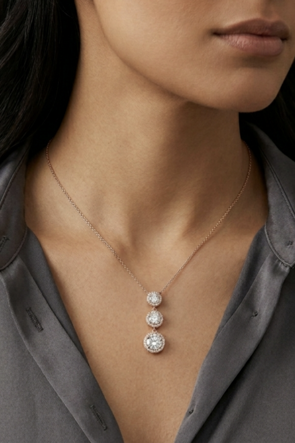 Üç Taşlı Yuvarlak Motif Gümüş Rose Kolye