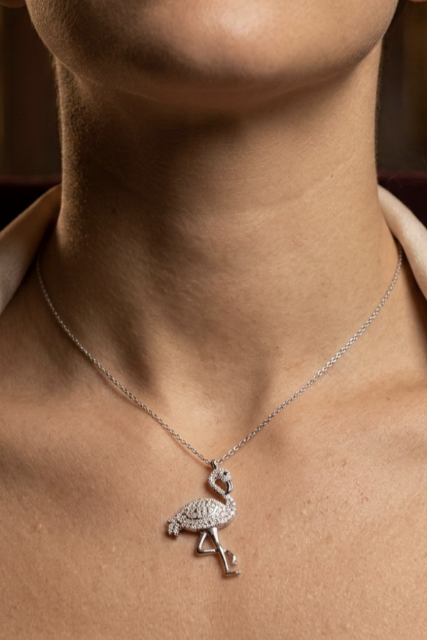 Flamingo Motif Gümüş Taşlı Kolye