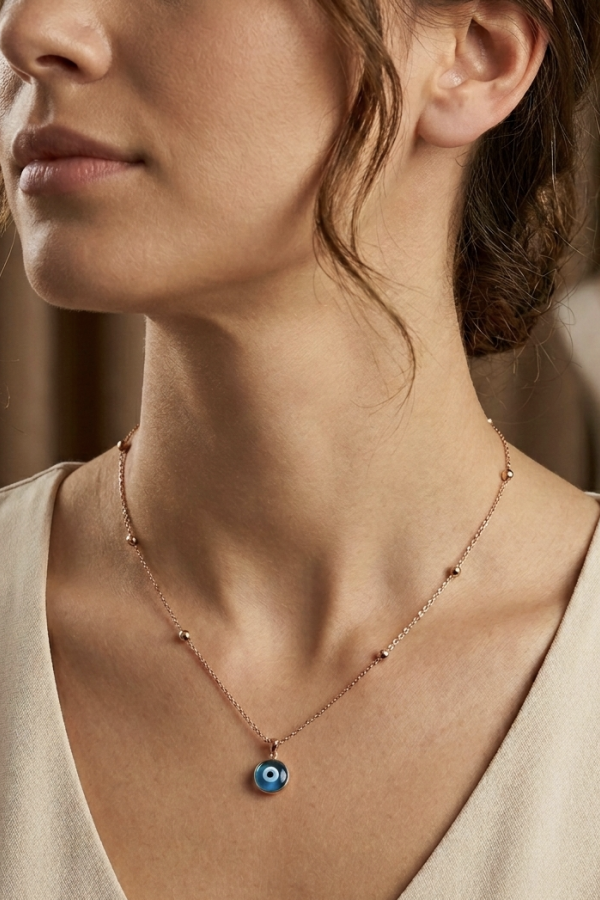 Ucu Mini Camgöz Kenarları Toplu Gümüş Zincir Kolye