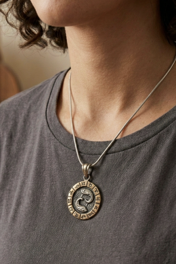 İki Renk Burç Motif Gümüş Kolye Serisi