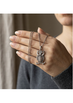 Baykuş Motif Taşsız Eskitme Gümüş Kolye