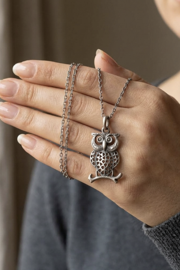 Baykuş Motif Taşsız Eskitme Gümüş Kolye