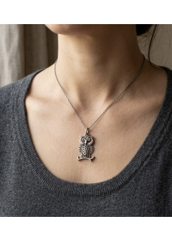 Baykuş Motif Taşsız Eskitme Gümüş Kolye