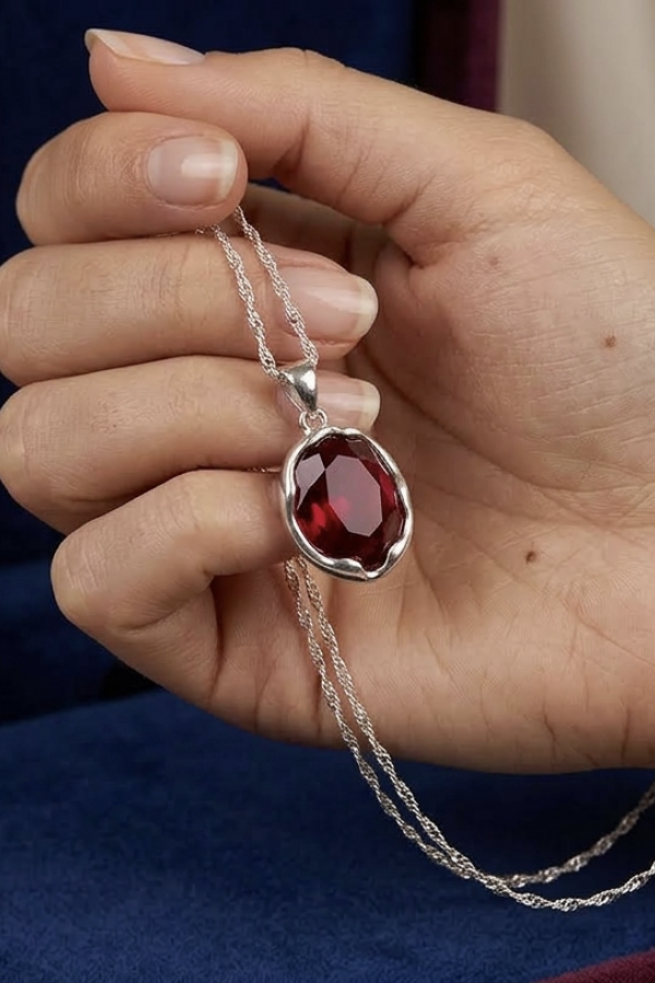 Lal Taşlı Oval Motif Gümüş Kolye 