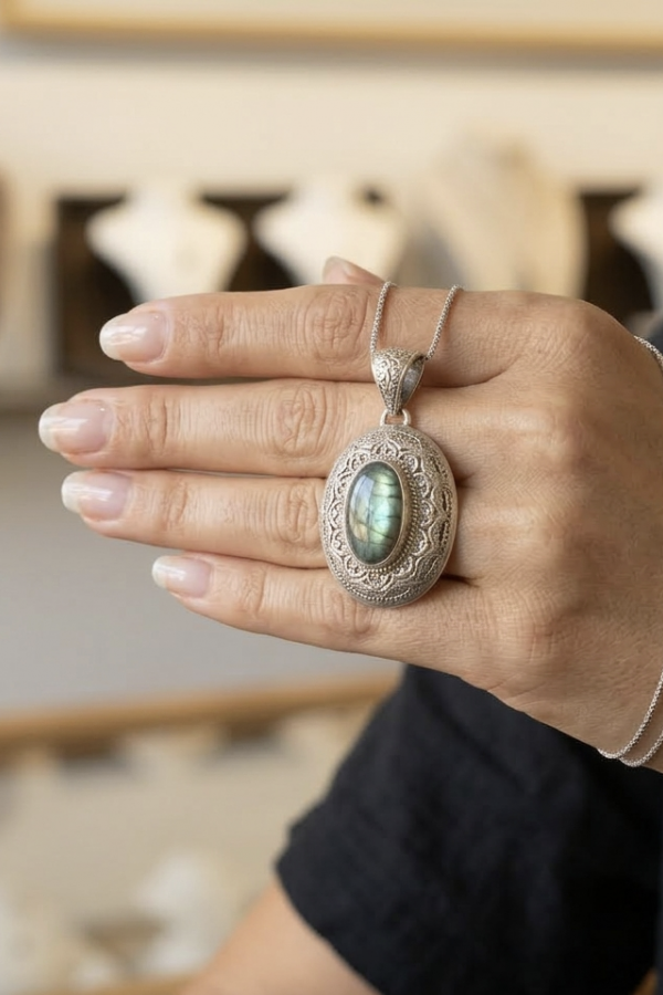 Yeşil Tonlu Labradorit Taşlı Gümüş Kolye