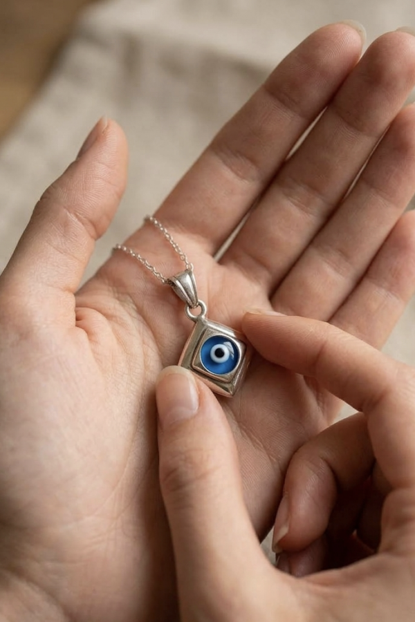 Ortası Camgöz Motif Gümüş Kolye