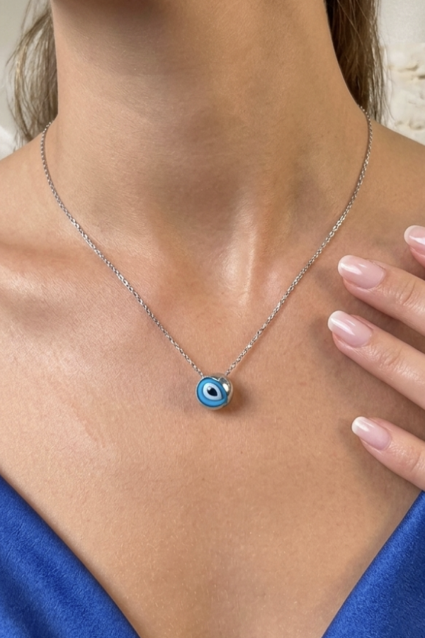 Asimetrik Model Mine Nazar Boncuklu Gümüş Kolye