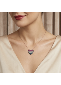 Kalp Motif Renkli Taşlarla Süslü Gümüş Kolye 