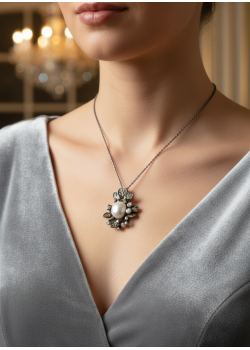İnci Taşlı İri Motif Siyah Kaplama Gümüş Kolye