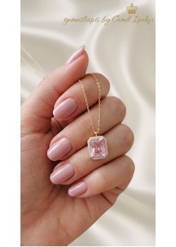 Pembe Taşlı Dikdörtgen Motif Gümüş Deep Kolye