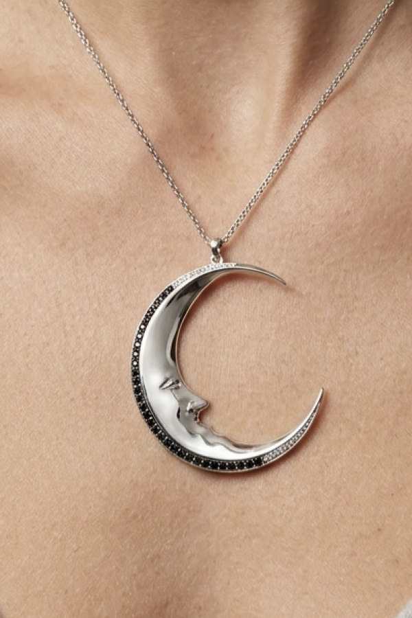 Ay Motif Onix Taşlı Gümüş Beyaz Kolye