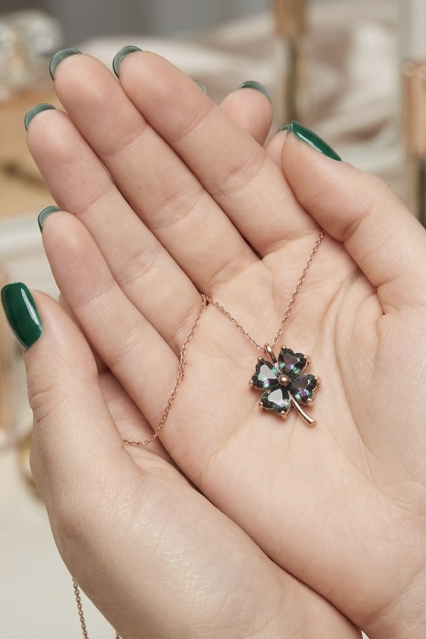 Mistik Kuvars Taşlı Yonca Motif Gümüş Kolye Mistik Kuvars Taşlı Yonca Motif Gümüş Kolye