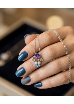 Renkli Taşlarla Süslü Fatıma Ana Motif Gümüş Mini Kolye