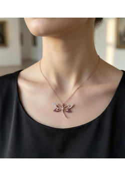 Beyaz ve Yakut Taşlı Yusufçuk Motif Gümüş Kolye