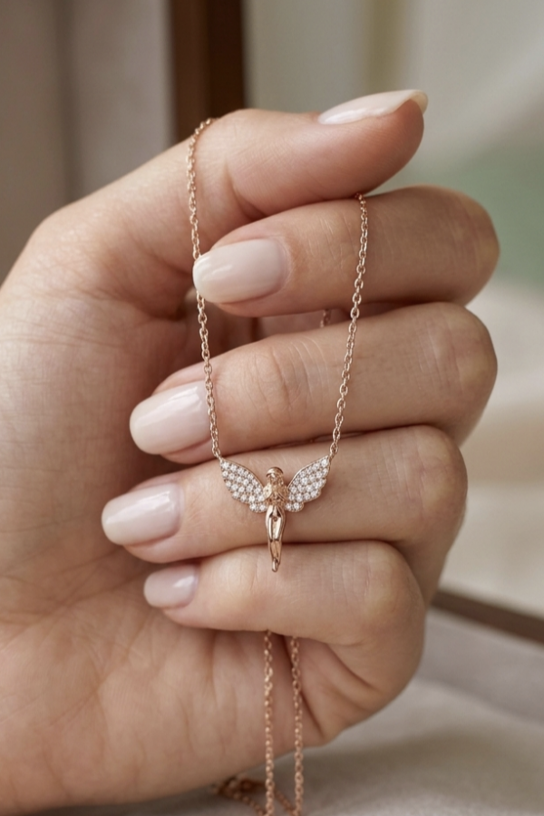 Melek Motif Mini Rose Gümüş Kolye