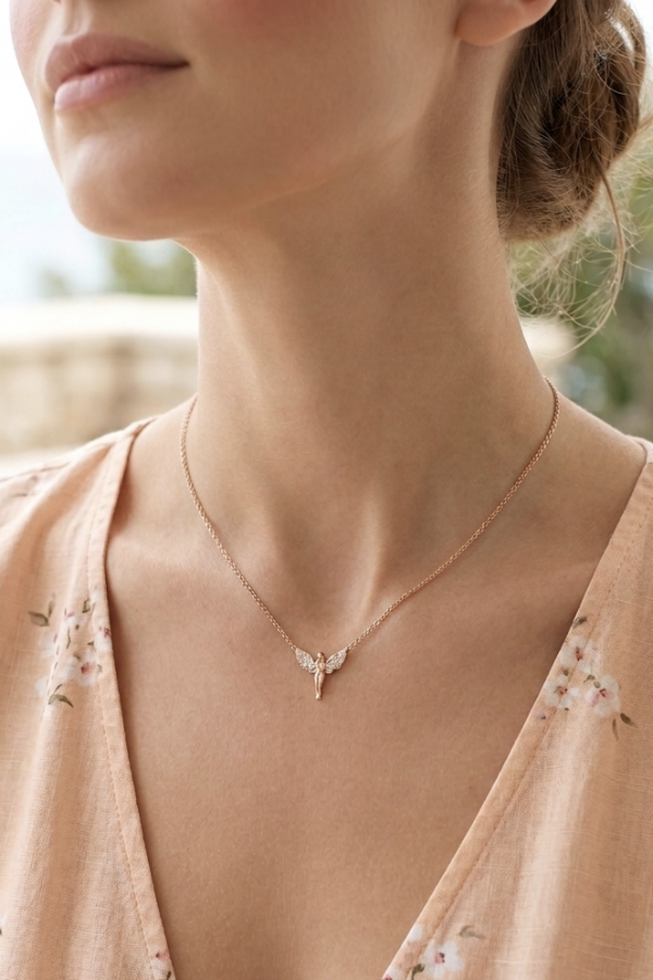 Melek Motif Mini Rose Gümüş Kolye
