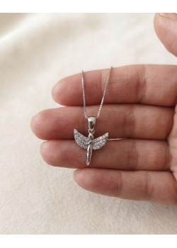 Melek Motif Beyaz Taşlı Gümüş Mini Kolye