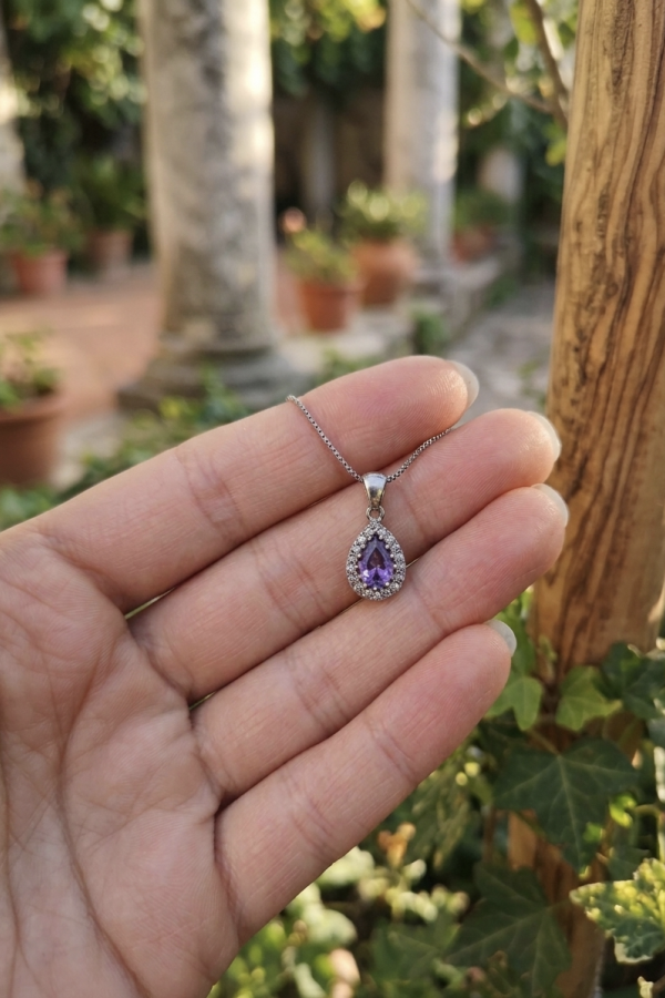 Damla Motif Ametist Taşlı Gümüş Mini Kolye