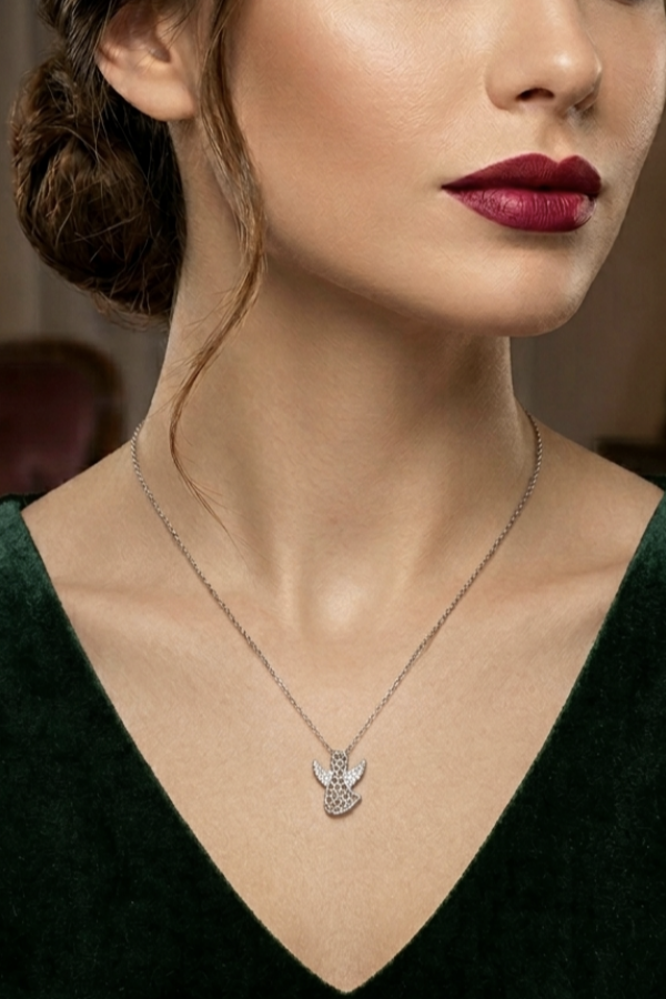 Kanatları Taşlı Melek Motif Gümüş Mini Kolye