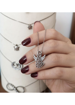 Kanatları Taşlı Melek Motif Gümüş Mini Kolye