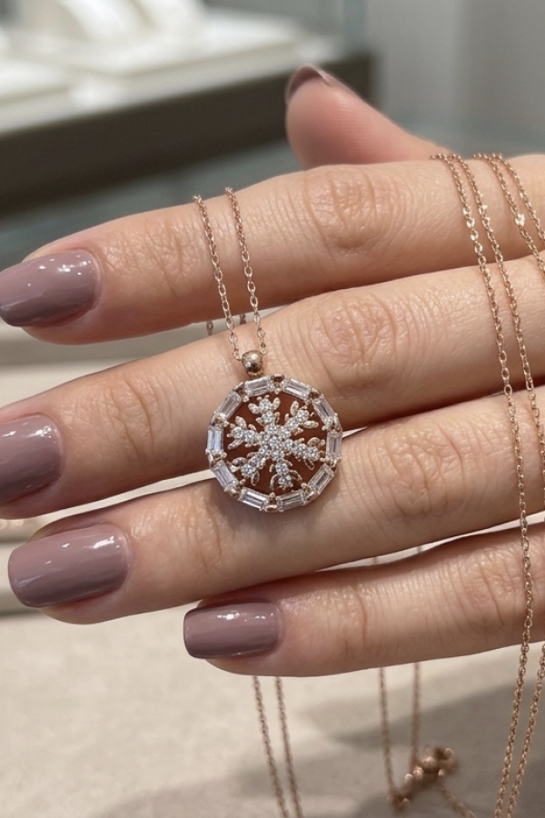Kar Tanesi Motif Baget Taşlarla Çevrili Gümüş Mini Kolye Kar Tanesi Motif Baget Taşlarla Çevrili Gümüş Mini Kolye