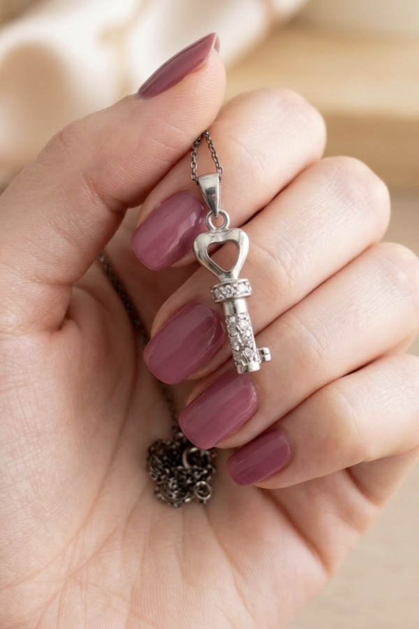 Kalp Başlı Anahtar Motif Gümüş Mini Kolye