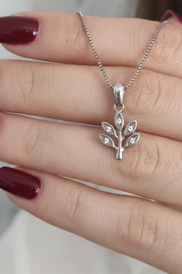 Ağaç Motif Taşlı Gümüş Mini Kolye