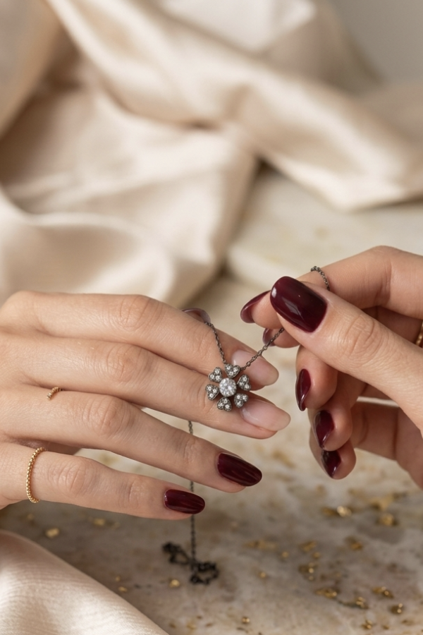 Çiçek Motif Ortası Tektaş Gümüş Mini Kolye