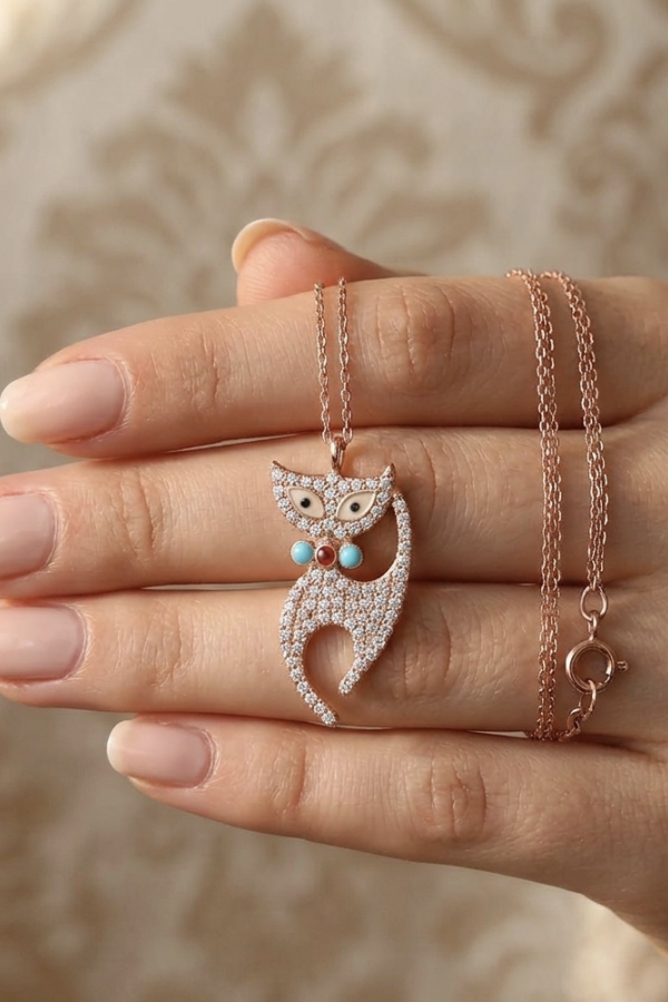 Papyonlu Kedi Motif Gümüş Kolye Papyonlu Kedi Motif Gümüş Kolye