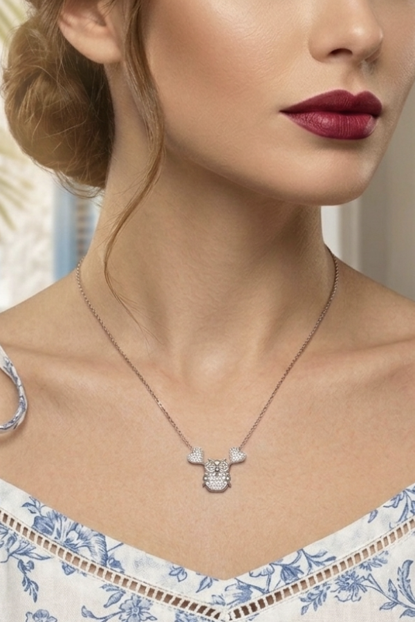 Baykuş ve Kalp Motif Gümüş Mini Kolye