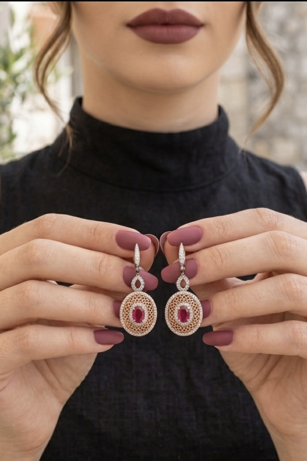 Ortası Yakut Taşlı Rose ve Siyah Kaplama Gümüş Eskitme Küpe