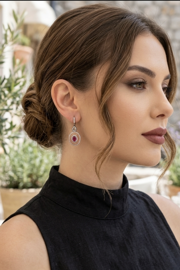 Ortası Yakut Taşlı Rose ve Siyah Kaplama Gümüş Eskitme Küpe