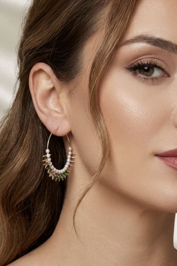 Araları Kum İncili Yıldız Motif Gümüş Halka Küpe Çifti 